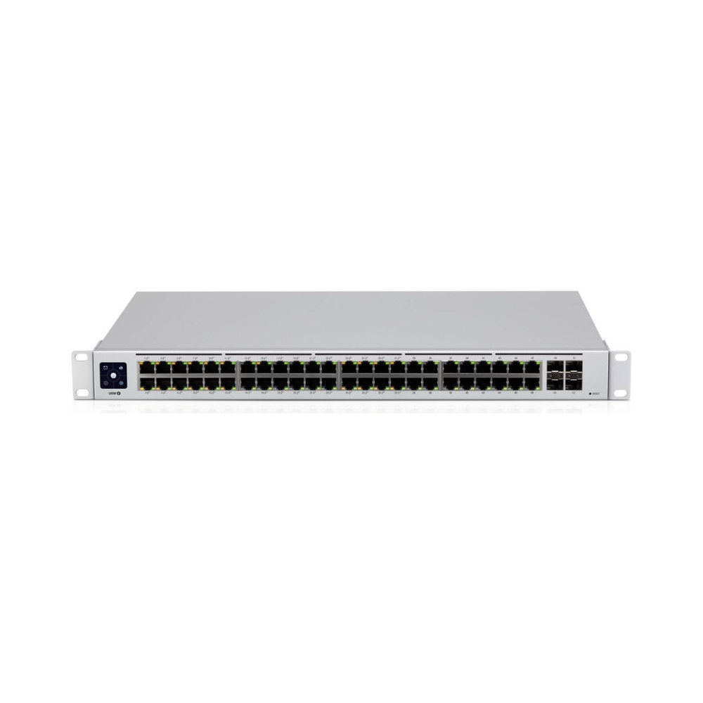 Network switch with multiple ports on a white background